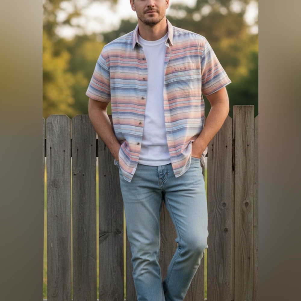 ROWM Men's Short Sleeve Striped Shirt Cotton Multi Color Orange XL zarape print